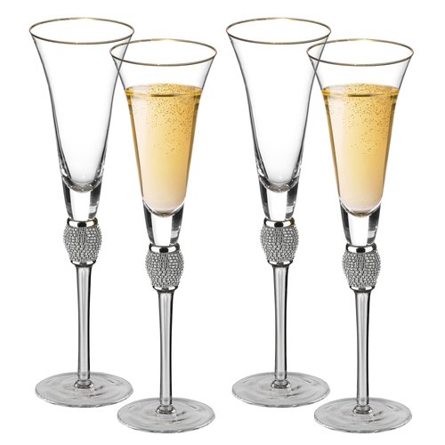 4 Piece Elegant Crystal Set Wedding Champagne Glasses with Diamond Rhinestone Accents and a Polished Gold Rim - 11 in Tall with Slender Long Stems, 7 oz - Chic Toasting Set for the Bride and Groom