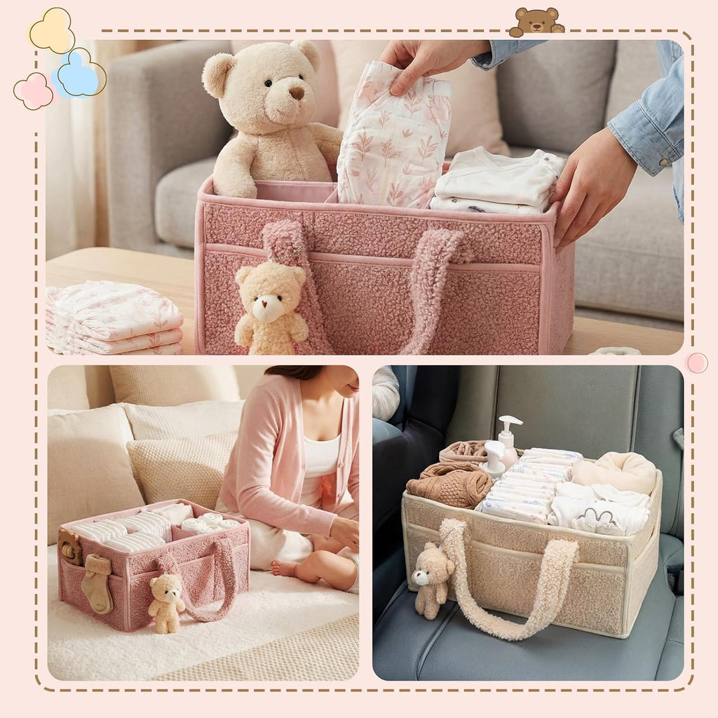 Shinylin Diaper Caddy Organizer - 2 Pack Nursery Storage Bins with Handle | Powder Pink & Ivory