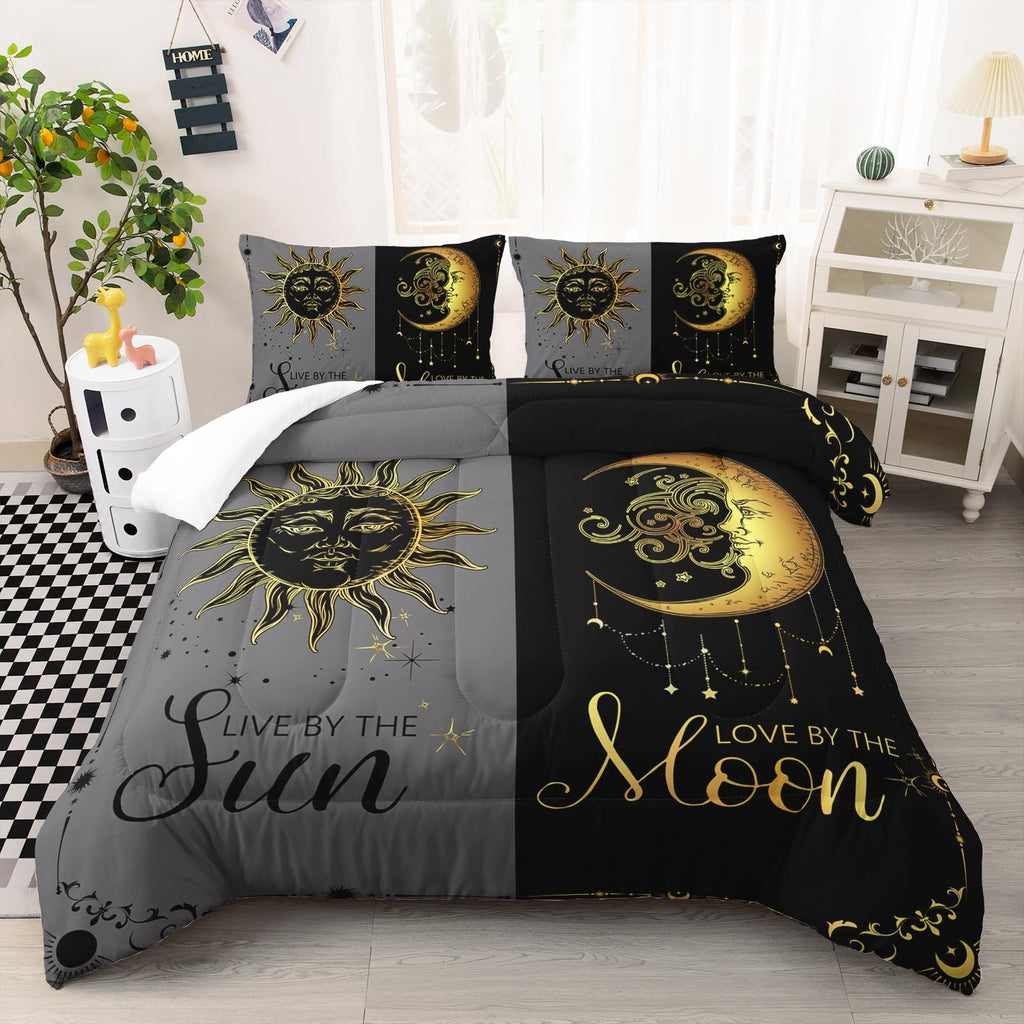 Ntlfup Moon and Sun Bedding Set Queen Size， Boho Style 3pcs Bedding Set, Grey and Black Comforter Home Decoration