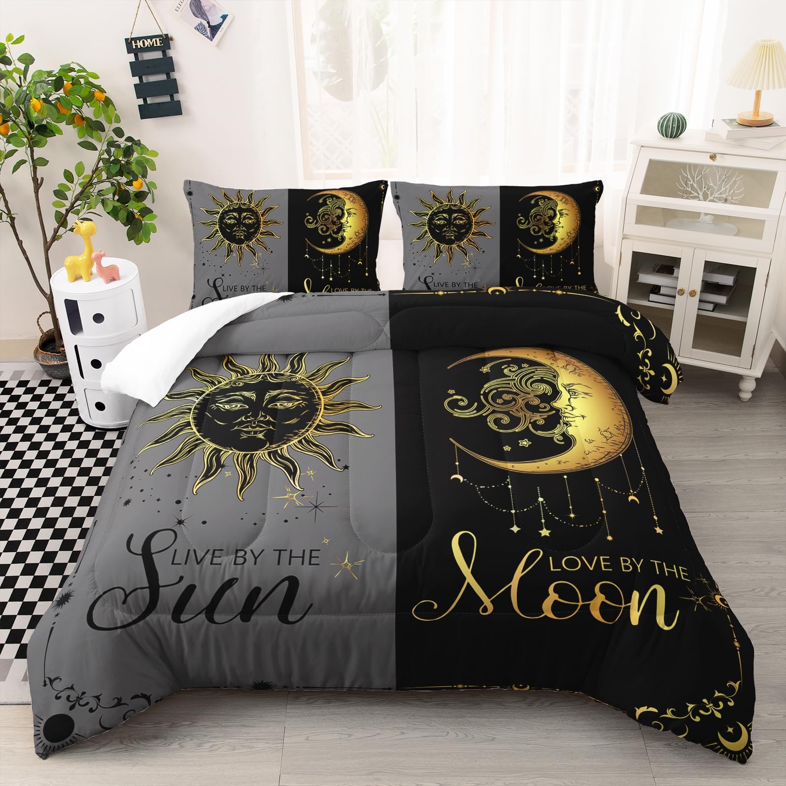 Ntlfup Moon and Sun Bedding Set Queen Size， Boho Style 3pcs Bedding Set, Grey and Black Comforter Home Decoration