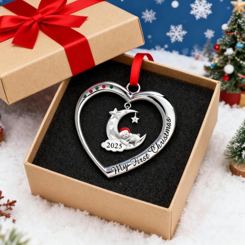 Baby's First Christmas Ornament 2025 My 1st Christmas Decorations 2025 Newborn Keepsake Gifts for Girl Boy Silver Heart with Hanging Bear Moon Star