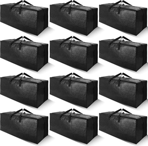 Cosy Family Heavy Duty Moving Bags - 12 Pack with Backpack Straps & Strong Zippers | X-Large Black Storage Totes