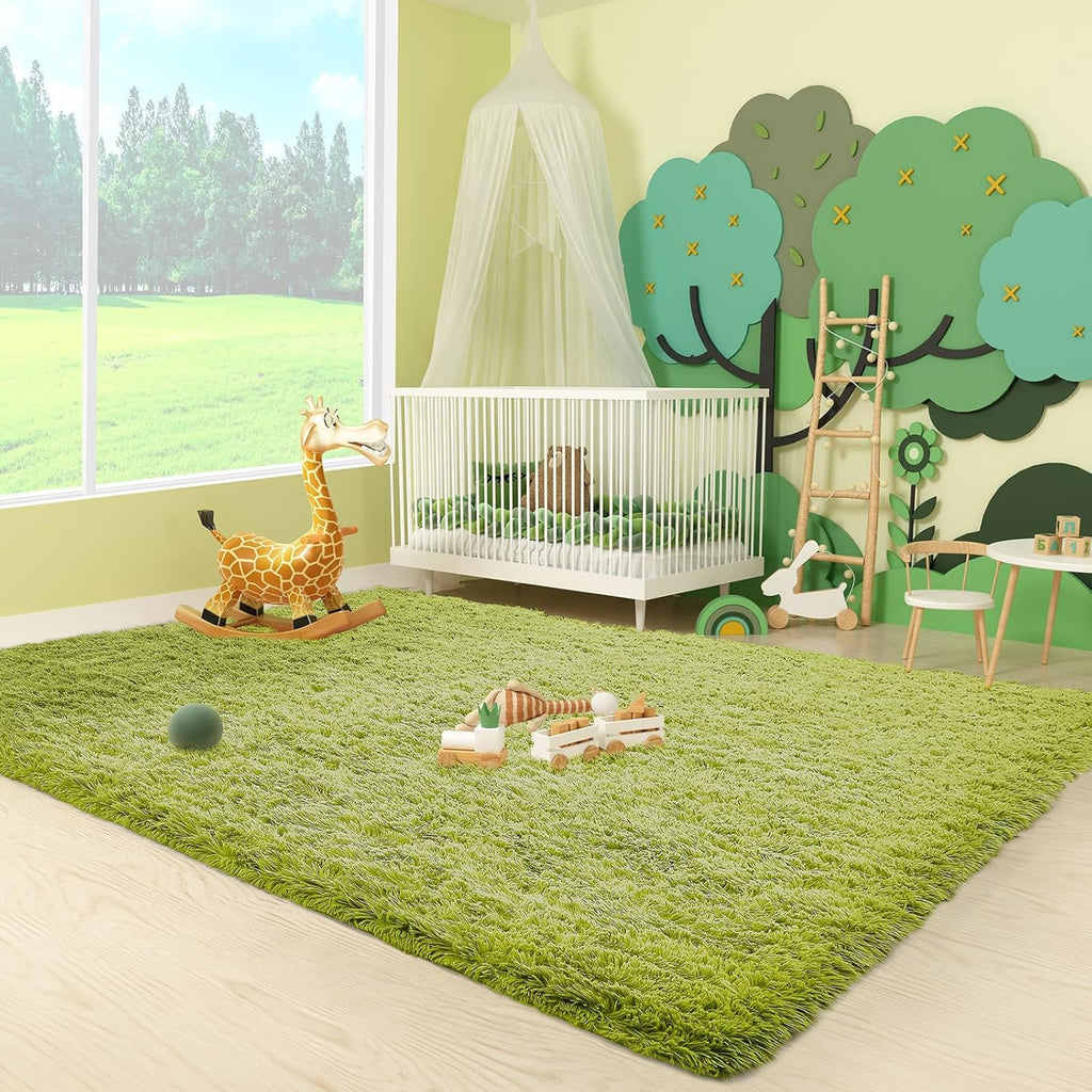 Ophanie Green Grass Area Rug - Soft Fluffy Shag Carpet for Bedroom | 3x5 Cute Kids Nursery Decor