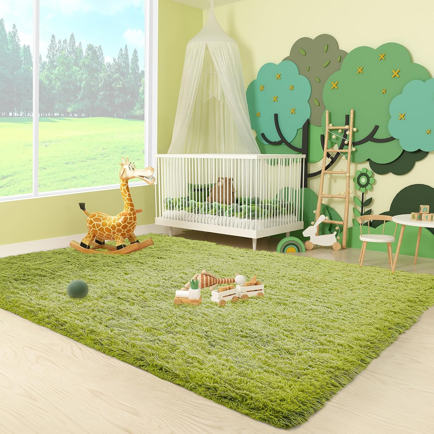 Ophanie Green Grass Area Rug - Soft Fluffy Shag Carpet for Bedroom | 3x5 Cute Kids Nursery Decor