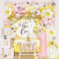 Fiesec First Bee Day Decorations Girl – 108PCs Honey Bee Themed 1st Birthday Party Supplies with So Sweet to Bee One Backdrop, Banner, Pink Yellow Balloon Garland Kit, Tablecloth
