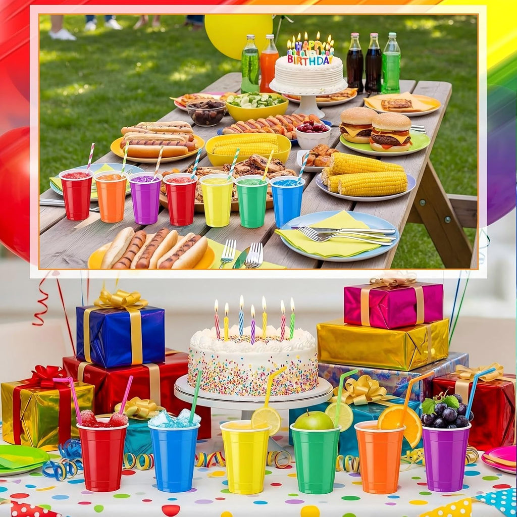 Qinyoung 100 Pcs Rainbow Plastic Cups - 12 oz Disposable Drinking Cups for Parties & Celebrations