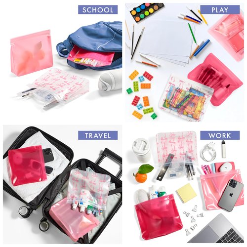 Fit & Fresh Reusable PEVA Storage Bags 3 Pack, Reusable Food Storage Bags, LeakProof Bag, Durable, Reusable Sandwich Bags, Freezer Safe Bags, Hand Wash, Easy to Clean, Eco-Friendly, Pink Bows