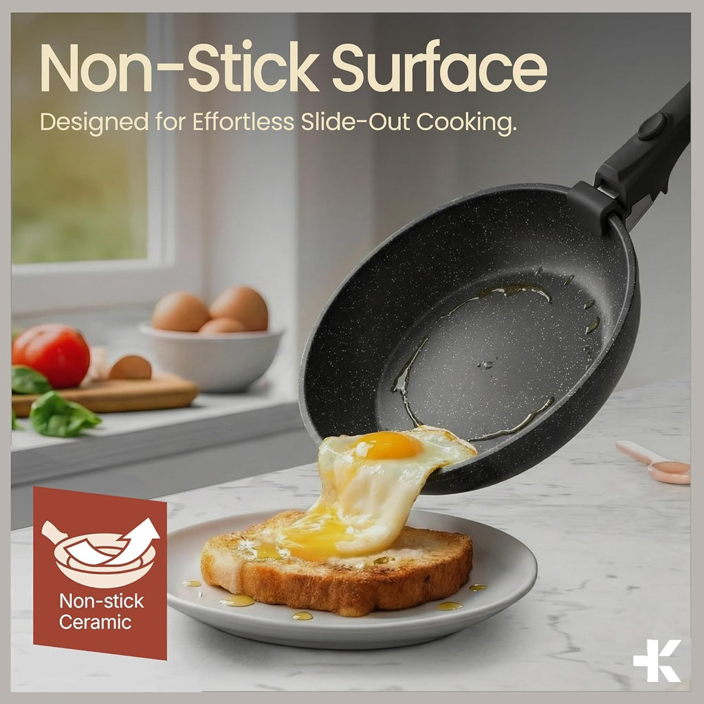 Skiennix Non-Stick Ceramic-Granite Pots & Pans Set - 15-Piece Space-Saving Cookware with Detachable Handles, Dishwasher Safe, Black Granite