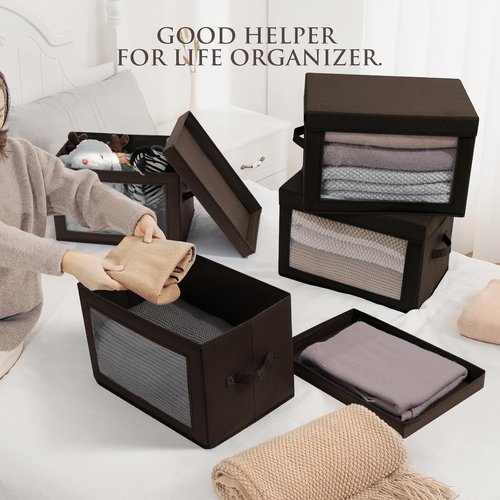 Homsorout Foldable Storage Boxes - Clear Window Clothes Organizers | Fabric Bins, Brown, 3 Pack
