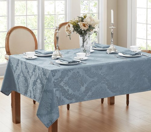 Newbridge Barcelona Damask Fabric Tablecloth, 60 x 144 Inch Rectangle, Blue – No Iron, Soil Resistant Table Cover for Dining, Parties and Holidays