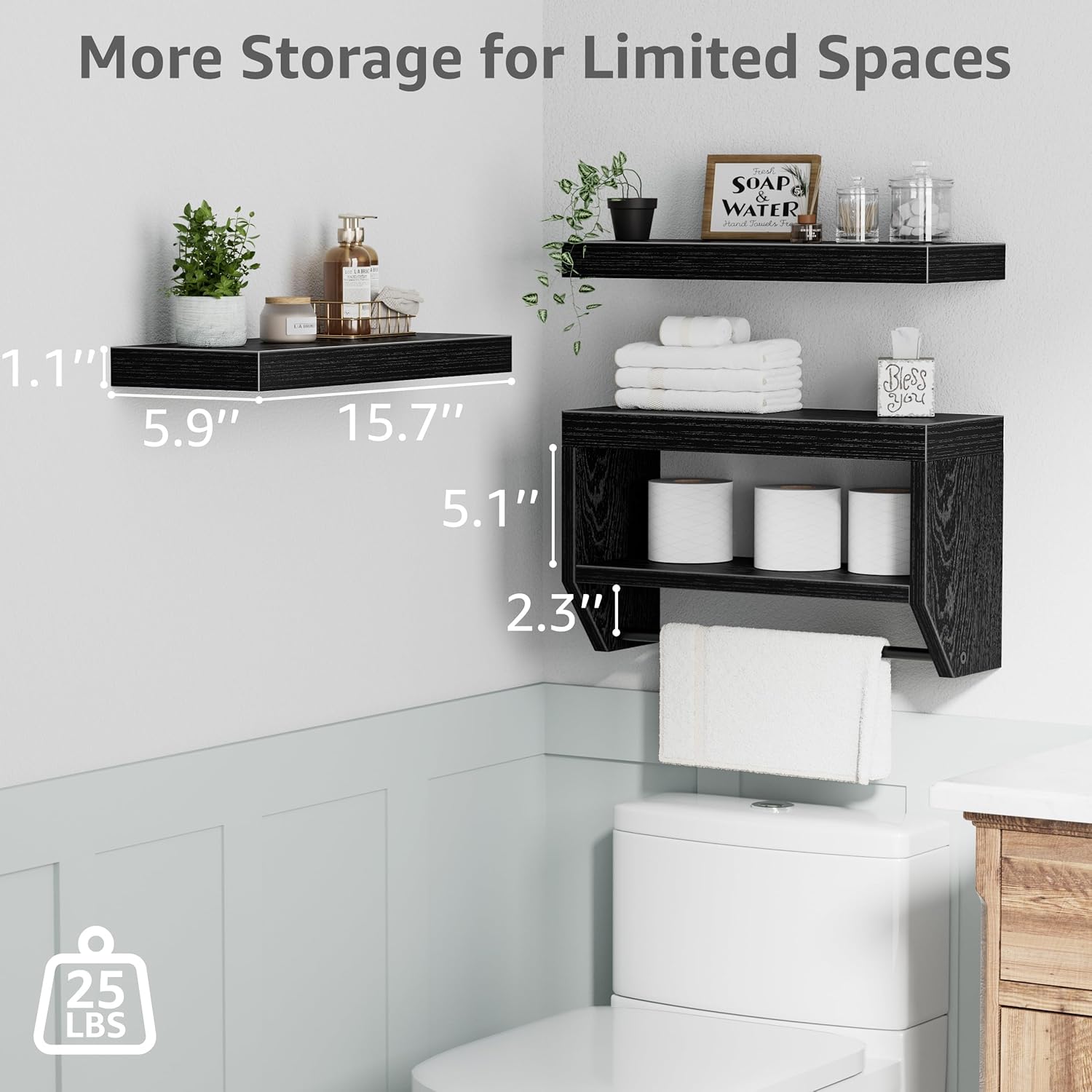 QEEIG Floating Bathroom Shelves - Stylish Wall Storage for Toilet Paper | Set of 3, 16 Inch, Black