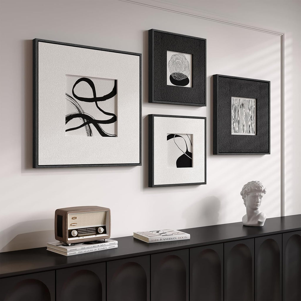 Skiennix 3D Textured Black and White Abstract Wall Art - 4 Piece Modern Paintings for Home Decor