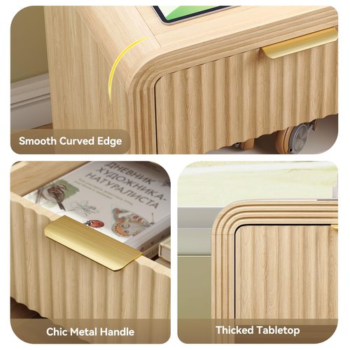 Decofy Fluted Nightstand with Charging Station, Modern Bedroom Furniture Side Table with Gold Handles, Drawers & Open Shelf, Curved Profile Design, End Table Wood Organizer for Bedroom, Natural Oak
