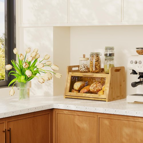 BAMBANG Extra Large Bread Box, Bread Box for Homemade Bread, Bamboo Wooden Bread Storage Container with Tool Holder & Handles & Window, Assembly Required(14.9" x 9.8" x 9.4") Natural