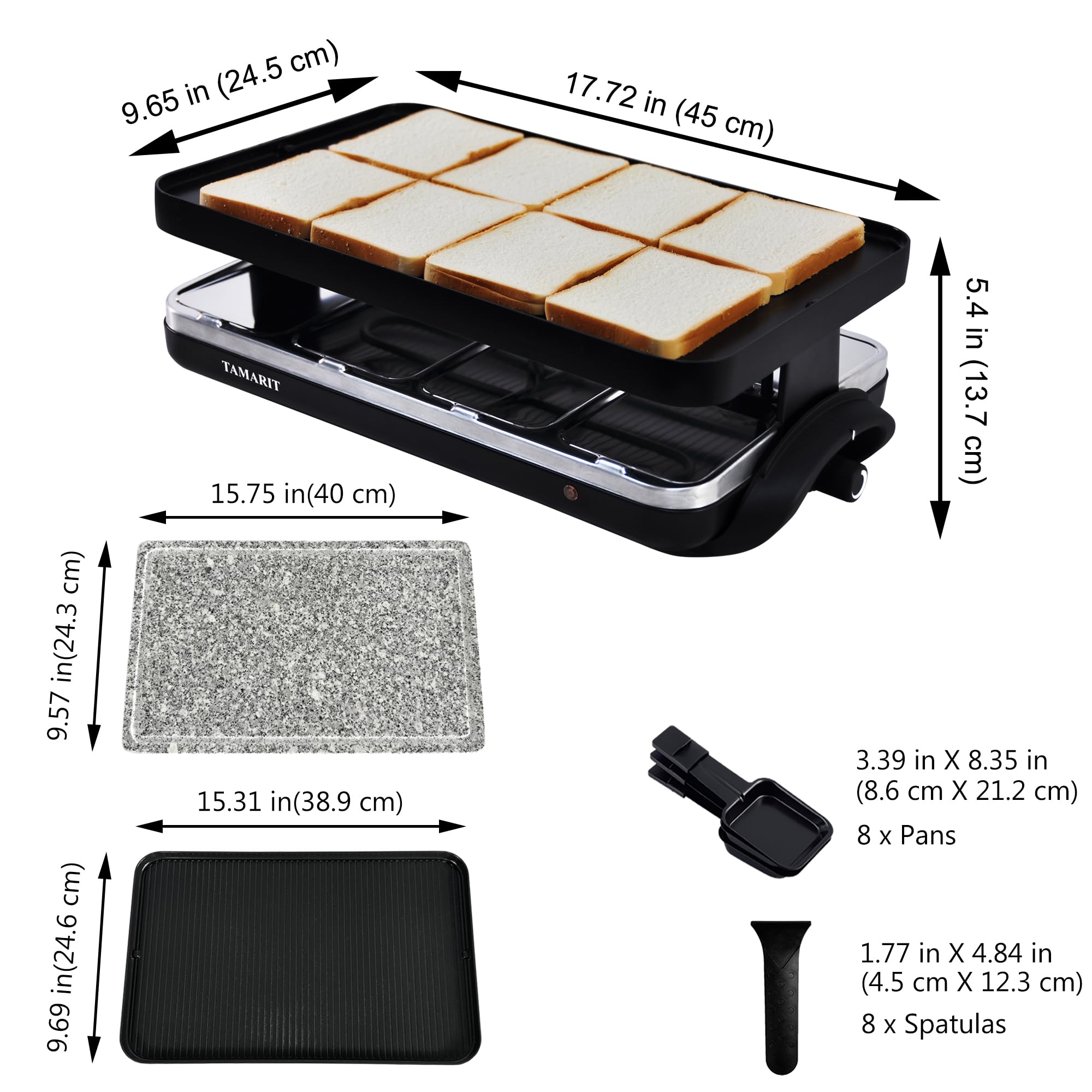 TAMARIT Raclette Table Grill Portable 3 in 1 Korean Barbecue BBQ Electric Indoor Griddle with Non-Stick Reversible Plate and Cooking Stone for Steak 1400W Raclette Grill for 8 Person, Black