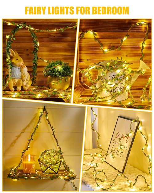 Minetom Vine Fairy Lights Battery Operated: 21ft 60 LED Leaf-Embellished Hemp Rope Fairy Lights with Remote - Twinkle String Lights for Girls Bedroom Dorm Room Wall Decorations
