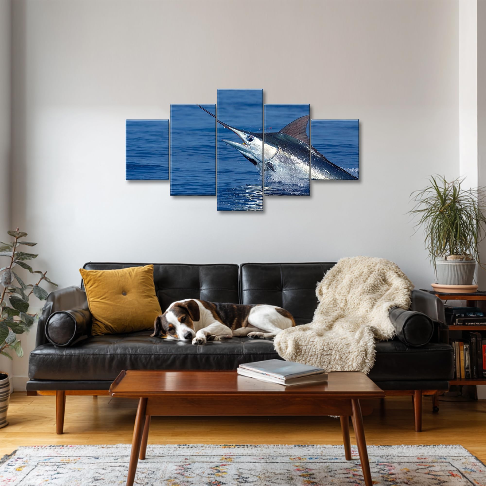 Blue Marlin Fish Wall Decor Ocean Animal Wall Art Large Fish Poster Deep Sea Fishing Picture 5 Piece Painting HD Canvas Print Framed Gifts for Men Decor with Frame Ready to Hang(60''Wx32''H)