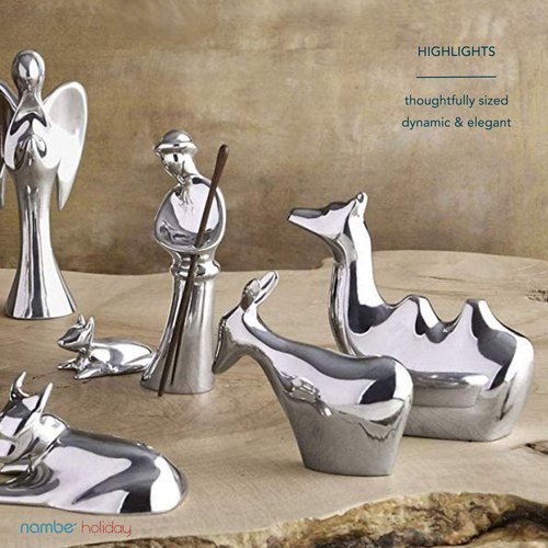 Nambé Miniature Nativity Shepherd & Lamb Set - Designed by Alvaro Uribe, Holiday Collectible Figurines for Nativity Scene Display - 4.5” H Shepherd & 1” H Lamb in Nambé Alloy and Acacia Wood