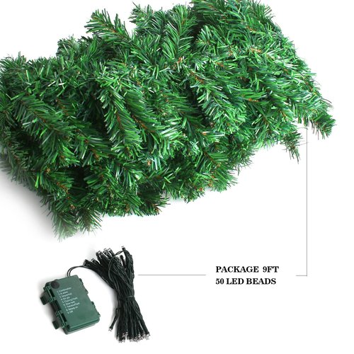 10FT Pre-lit Christmas Garland with 50 LED Lights, Battery Operated with Timer, Lush Artificial Xmas Greenery for Indoor & Outdoor Holiday Decoration, Green