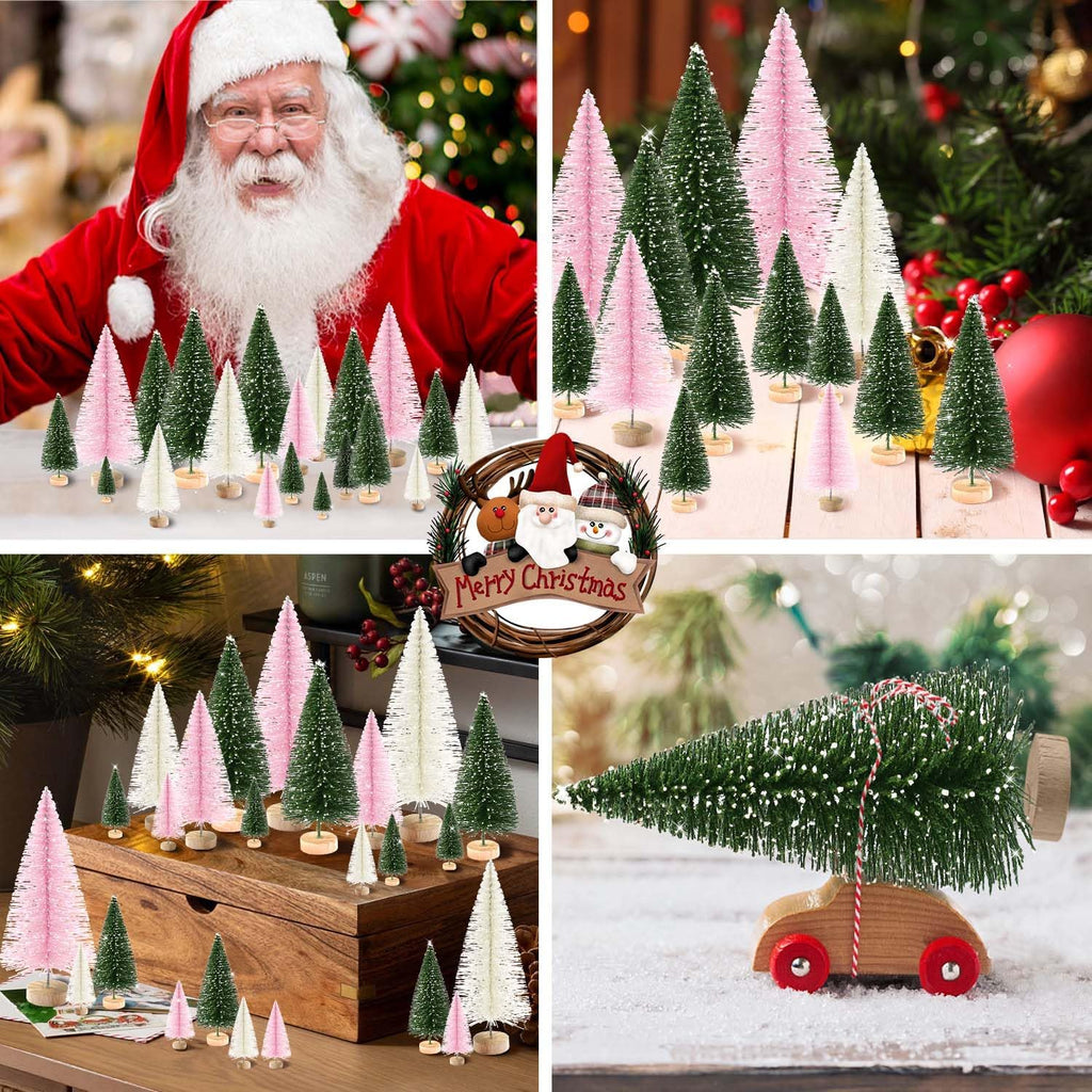 Skiennix 30Pcs Mini Christmas Trees - Artificial Bottle Brush Trees with Wooden Base for Holiday Decor | Green, Beige, Pink