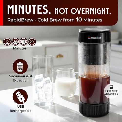 Mueller RapidBrew Cold Brew Iced Coffee Maker - Fast 10-Minute Brewing | Portable & Rechargeable - Adjustable Strength, 20 Servings, Black