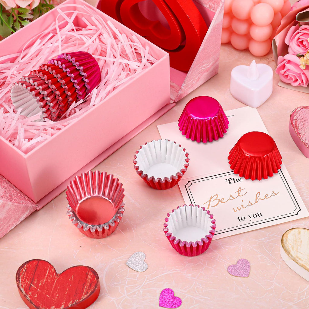 Whaline 300Pcs Valentine's Day Mini Foil Cupcake Liners Baking Cups Red Pink Gradient Foil Metallic Cupcake Wrappers Muffin Liners for Wedding Anniversary Birthday Party