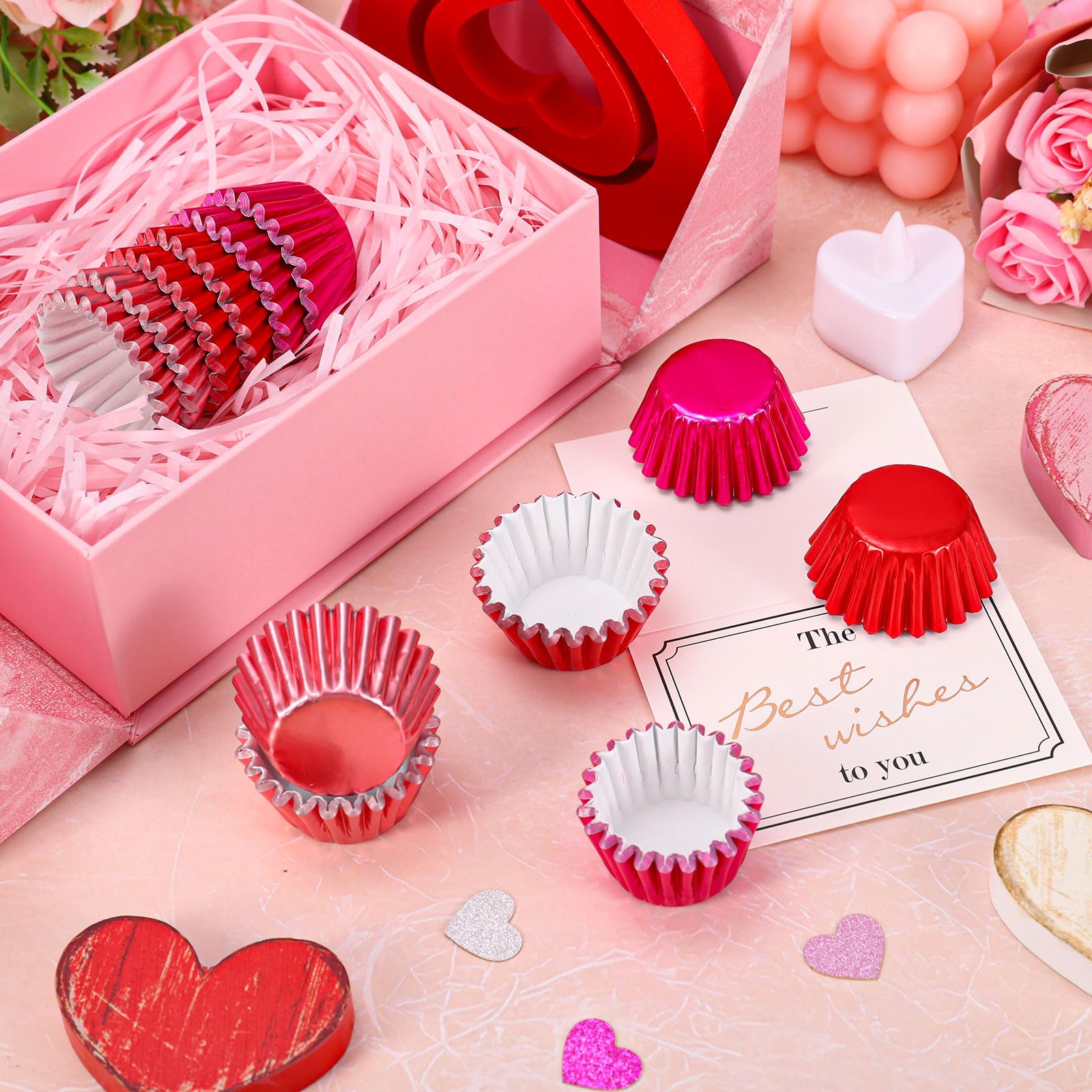 Whaline 300Pcs Valentine's Day Mini Foil Cupcake Liners Baking Cups Red Pink Gradient Foil Metallic Cupcake Wrappers Muffin Liners for Wedding Anniversary Birthday Party
