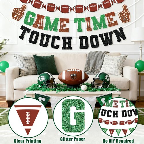 Football Decorations Game Time Touch Down Pre-Strung Football Banner Sports Party Favors Supplies for Indoor Home Birthday Flags