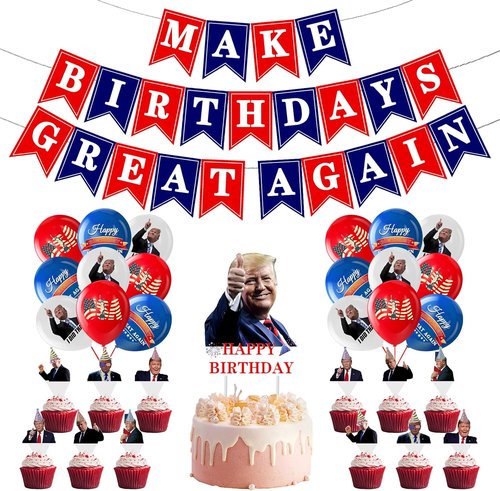 Make Birthdays Great Again Party Decorations Kit - Red & Blue Balloons, Banner & Cake Toppers for Patriotic Themes