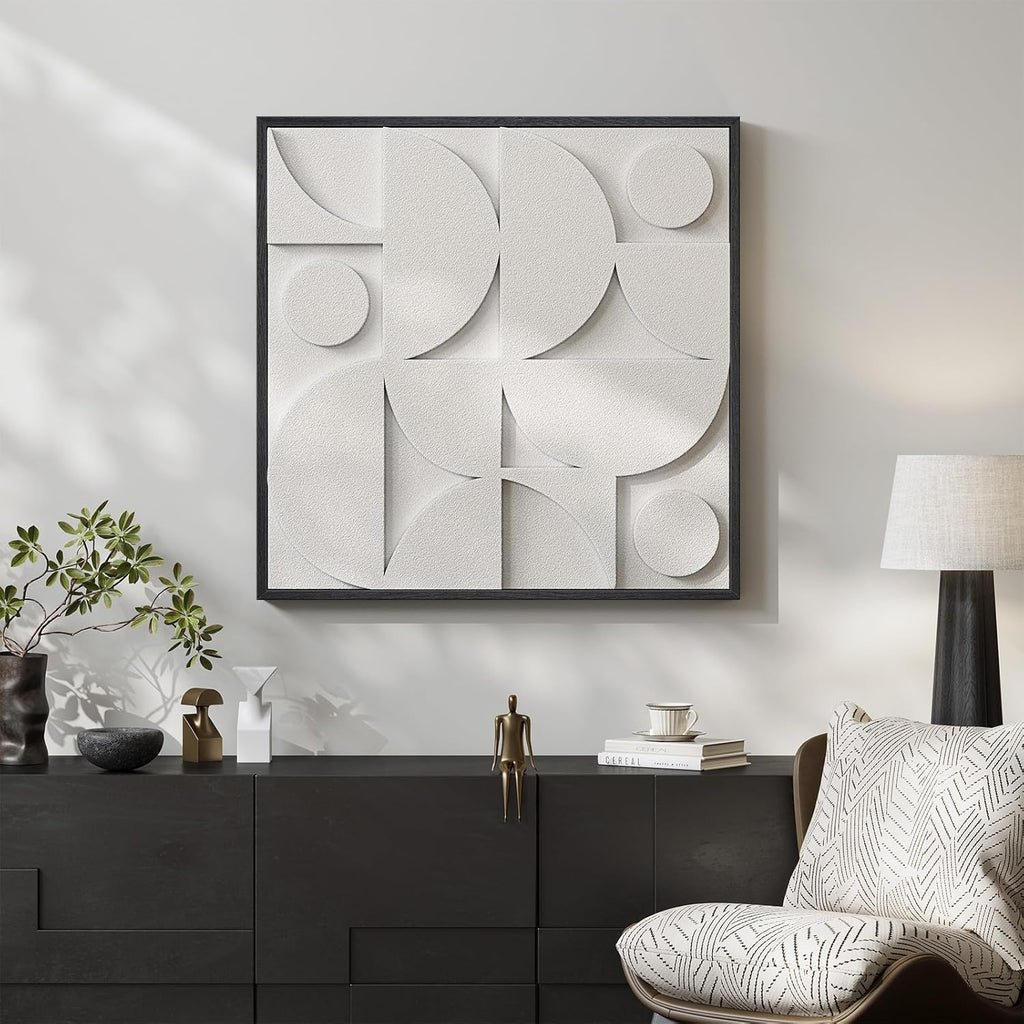 Regine Switzerland Large 3D Textured Framed White Abstract Wall Art - Modern Geometric Design 30x30 In