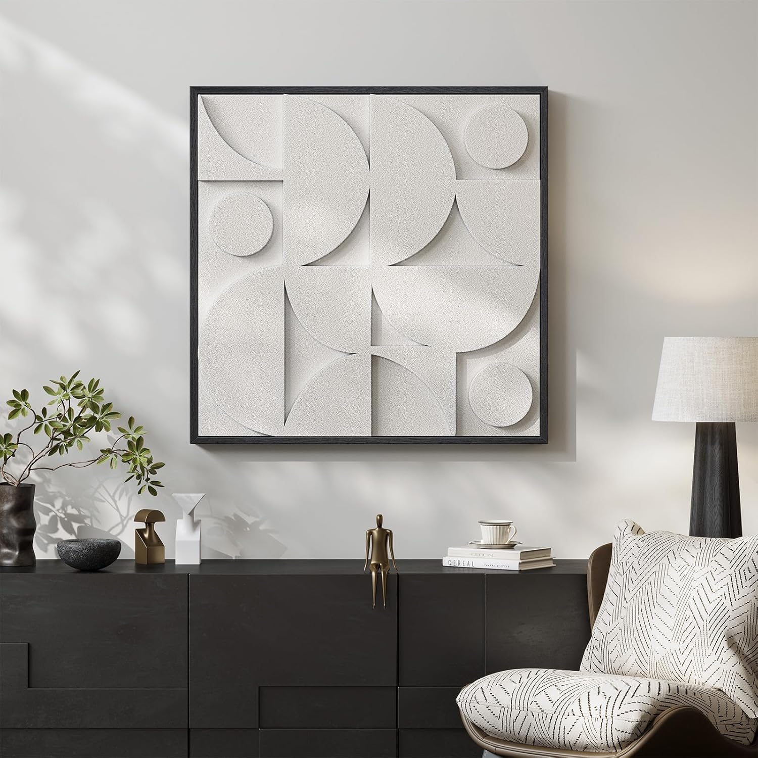 Regine Switzerland Large 3D Textured Framed White Abstract Wall Art - Modern Geometric Design 30x30 In