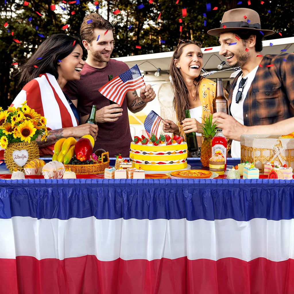 Patriotic 4th of July Table Skirts by [Brand Name] - Red, White & Blue Disposable Decorations | 2.4 x 14 Ft
