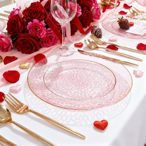 SUT 36Pcs Pink Plastic Plates, Hammered Plates Disposable Heavy Duty, Pink Disposable Plates With Gold Rim, Fancy Plastic plates Include 18 Dinner and 18 Dessert plates for Valentine's Day