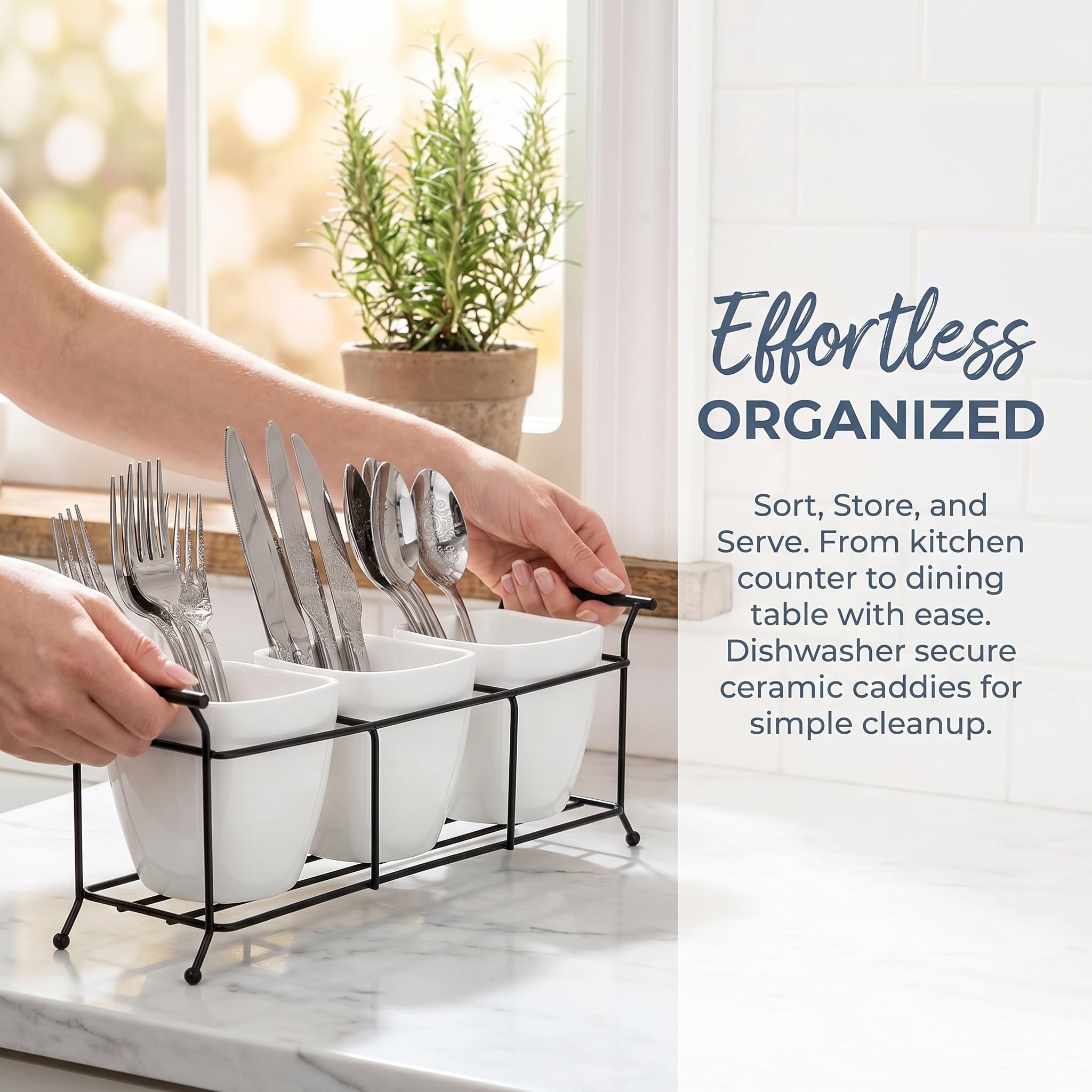 Bekith 3-Piece Ceramic Flatware Caddy with Metal Rack, Utensil Holder Silverware Caddy Cutlery Organizer, White