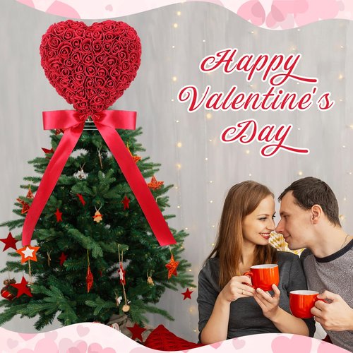 Soulchen Valentine Day Tree Topper 11.8 Inch Heart Tree Topper with Bow Rose Valentines Trees Ornaments Decorations for Valentine's Day Wedding Holiday Party Supplies(Red)