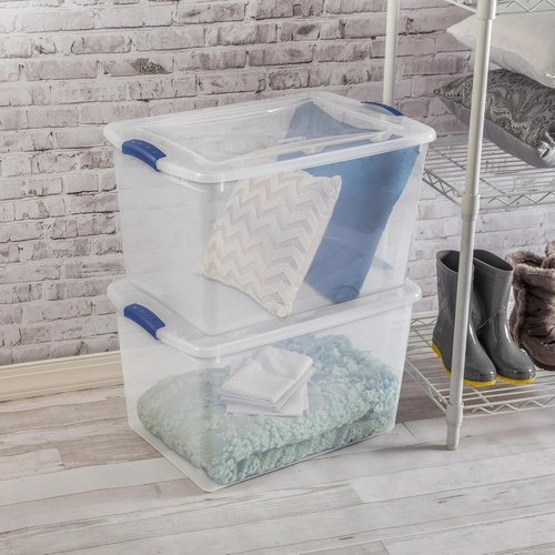 66 Quart Durable Storage Bin by [Brand Name] - Clear Plastic Container with Secure Blue Latch Lid | Stackable for Home & Garage Organization