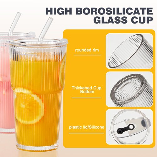 Wells 20oz Glass Cups with Lids and Straws, Ribbed Iced Coffee Cups, Thickened Drinking Glass Tumbler, Ideal for Coffee, Smoothies, Cocktails, and Juices, Clear, Set of 4