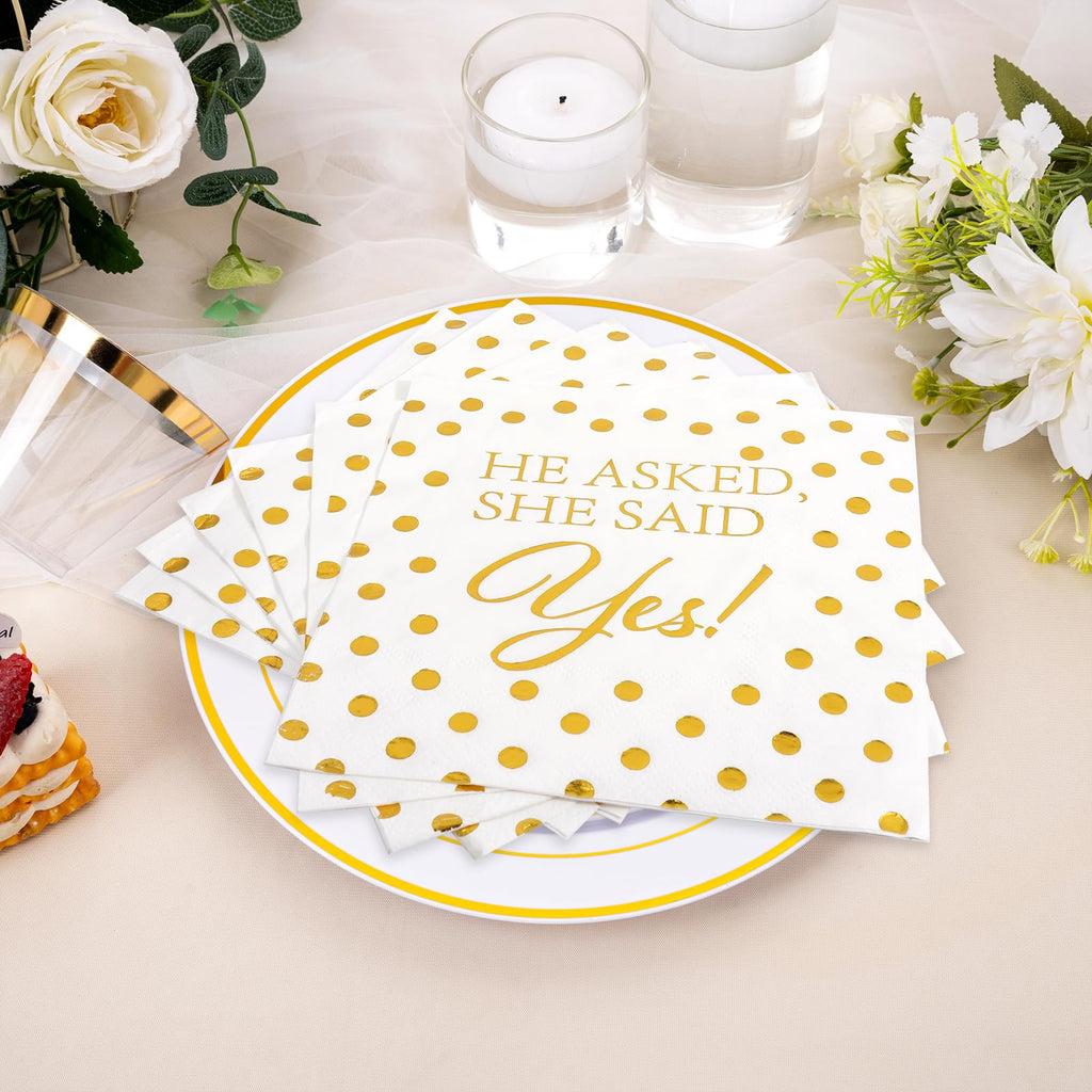 Jovialix She Said Yes Napkins, Engagement Party Napkins, Engaged Napkins – Disposable Cocktail Napkins for Bridal Shower & Bachelorette Decoration – Gold Foil Polka Dots, 6.5 x 6.5 in, 80 Pack