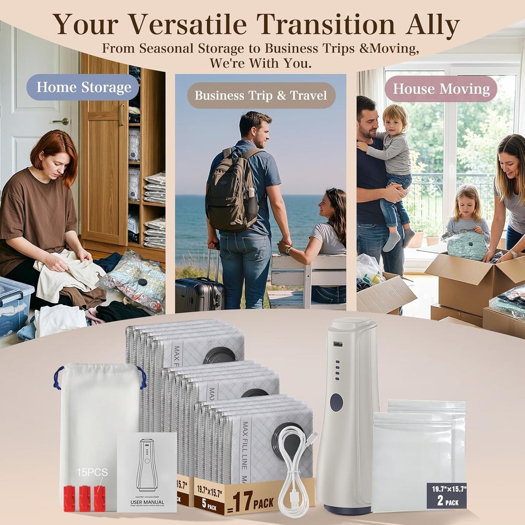 QcoQce Vacuum Storage Bags - Rechargeable Electric Pump for Space-Saving Travel & Seasonal Storage | Ideal for Clothing & Bedding