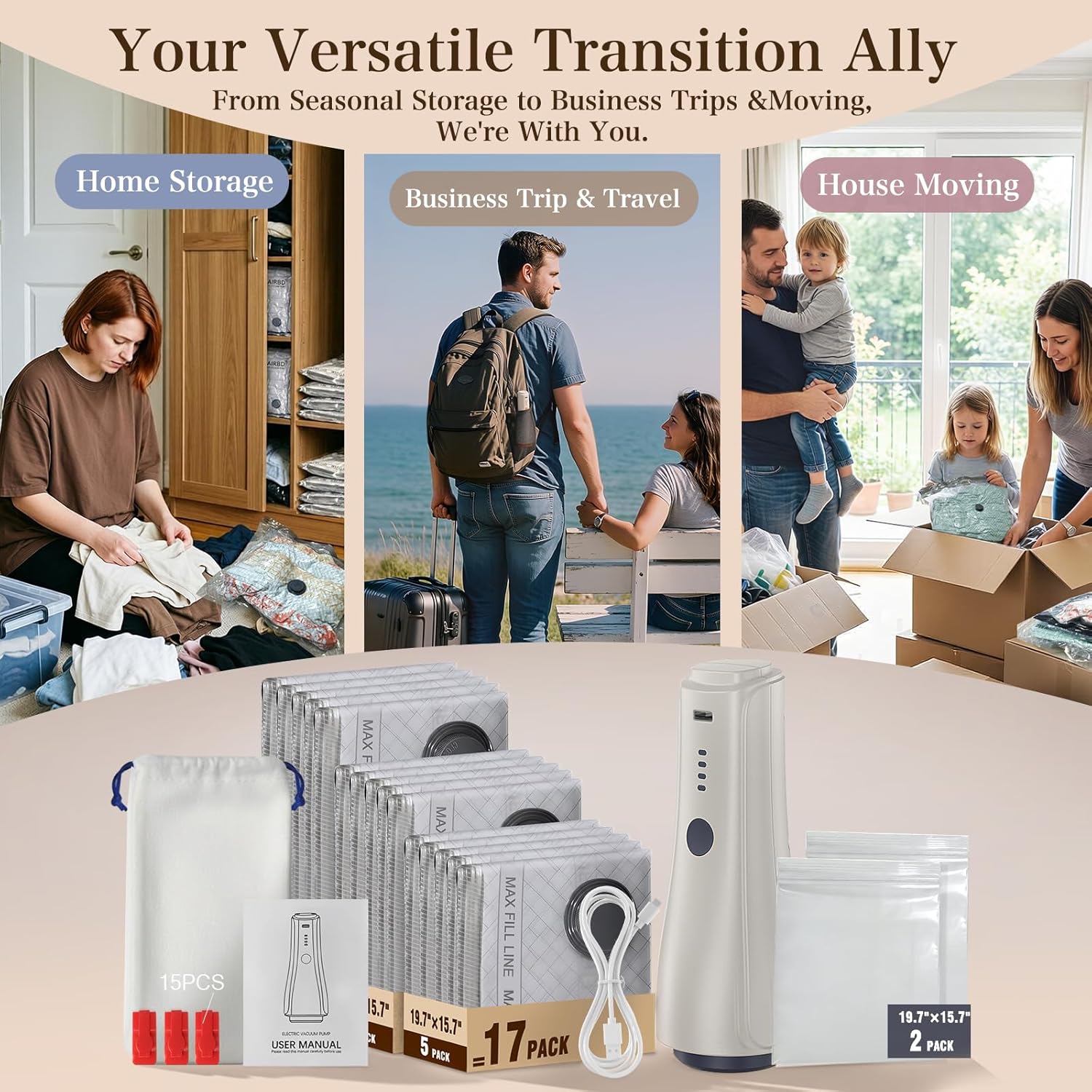 QcoQce Vacuum Storage Bags - Rechargeable Electric Pump for Space-Saving Travel & Seasonal Storage | Ideal for Clothing & Bedding