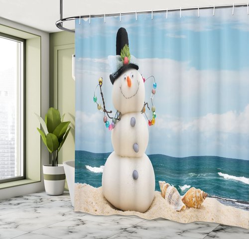 Ambesonne Snowman Shower Curtain, Winter Vacation Holiday Theme Figure Seashells Sitting on Sandy Beach Coastal, Cloth Fabric Bathroom Decor Set with Hooks, 69" W x 70" L, Blue Sand