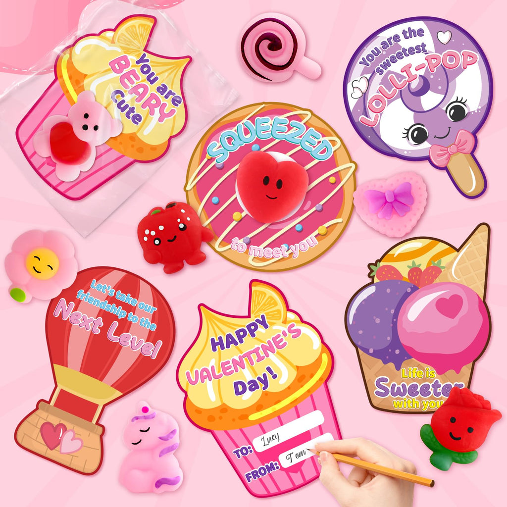 OCHIDO 32 Pack Valentines Day Cards with Mochi Squeeze Toys, Valentines Day Gifts for Kids Classroom Exchange and School Reward, Stress Relief Fidget Toy for Valentines Party Favors