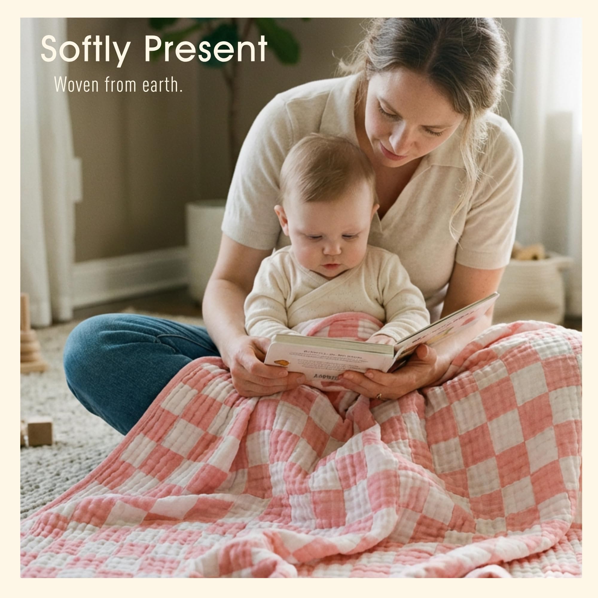 HardNok Ultra-Soft Muslin Baby Blanket - Swaddle & Crib for Girls, Pink Checkered (1-Pack)