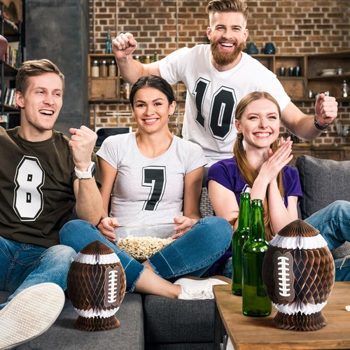 Fourluoo 3Pcs Football Party Decorations Large Football Honeycomb Centerpieces 3D Ball Table Decor Sports Ball Paper Honeycomb Decorations for Tailgate Party Decoration(Dark Brown,9.8 Inch)