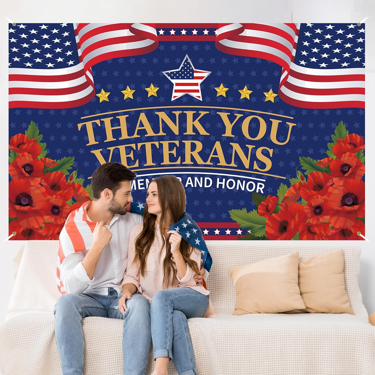 Red Poppies Veterans Day Banner - Thank You Veterans Decorations | 4th of July Patriotic Backdrop