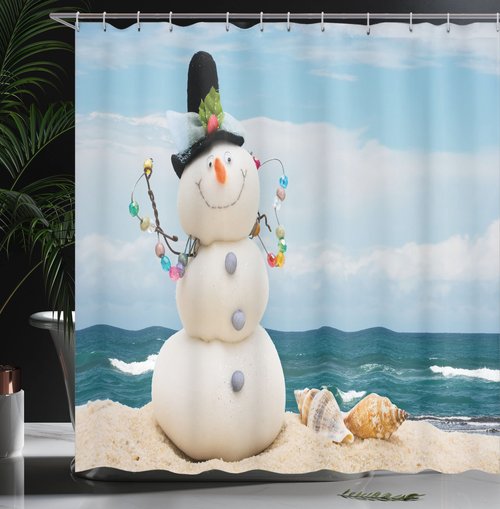 Ambesonne Snowman Shower Curtain, Winter Vacation Holiday Theme Figure Seashells Sitting on Sandy Beach Coastal, Cloth Fabric Bathroom Decor Set with Hooks, 69" W x 70" L, Blue Sand