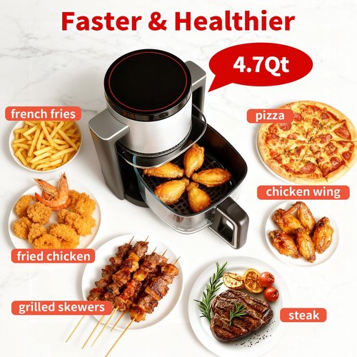 OLIXIS 4.7Qt Glass Air Fryer, Non Toxic Air Fryer with 10 Preset Cook Modes, 395°F Rapid Air Crispy Technology, Roast Bake Dehydrate Reheat, Nonstick & Easy-Clean Basket, 1300W