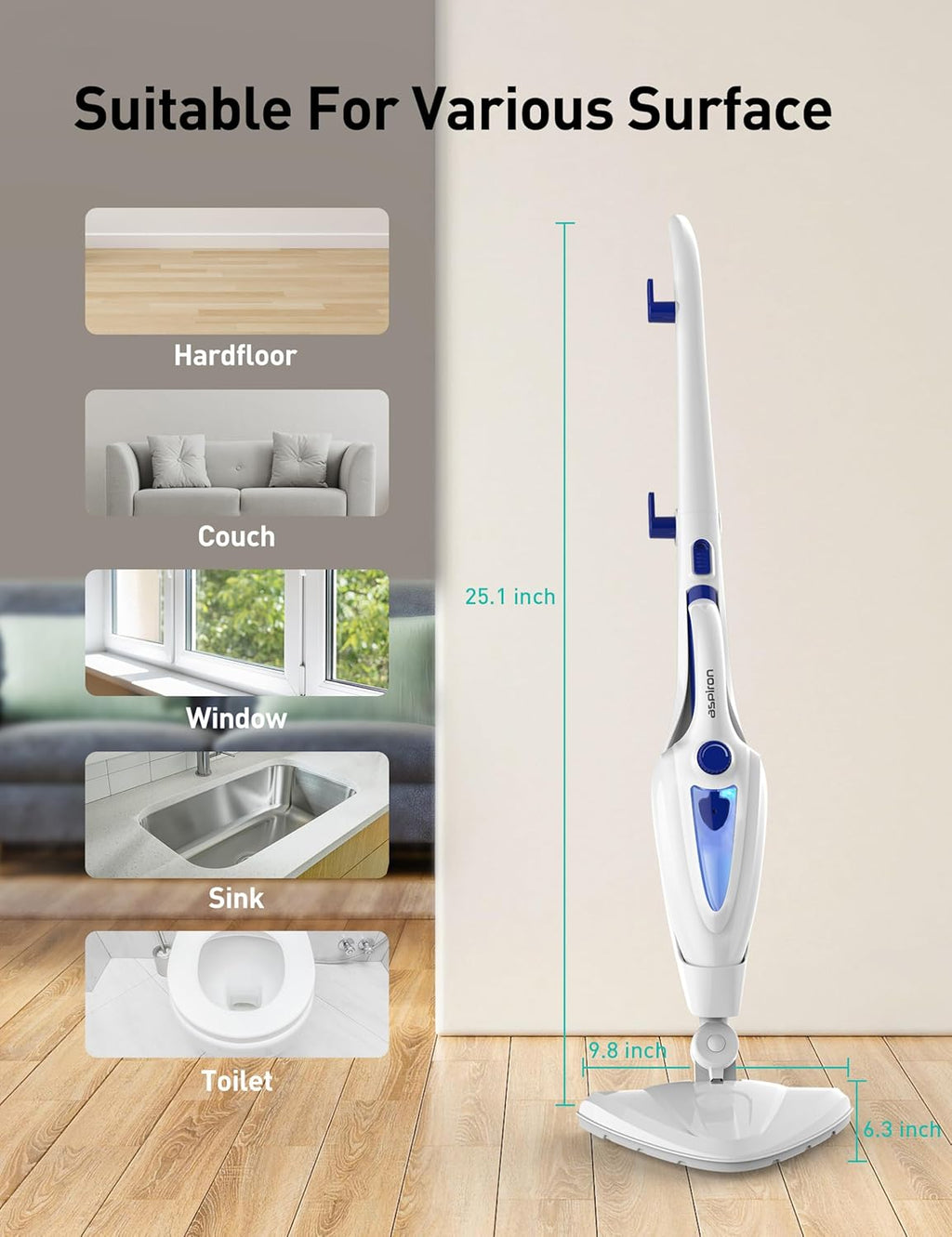 Skiennix 12-in-1 Steam Mop - Fast 15-Sec Heat-Up, 1500W Handheld Cleaner with 2 Dirt Grip Pads | Removes 99.99% Stains for Hardwood, Windows, Tiles, and More - White