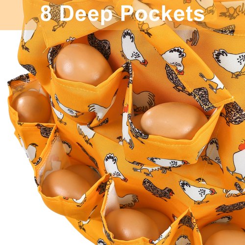 XLSXEXCL Egg Collecting Apron for Kids, Chicken Egg Apron with 8 Pockets, Farmhouse Eggs Aprons for Fresh Eggs for Hen, Duck, Goose, Bird, Various Collection (Yellow-flowered Chicken)