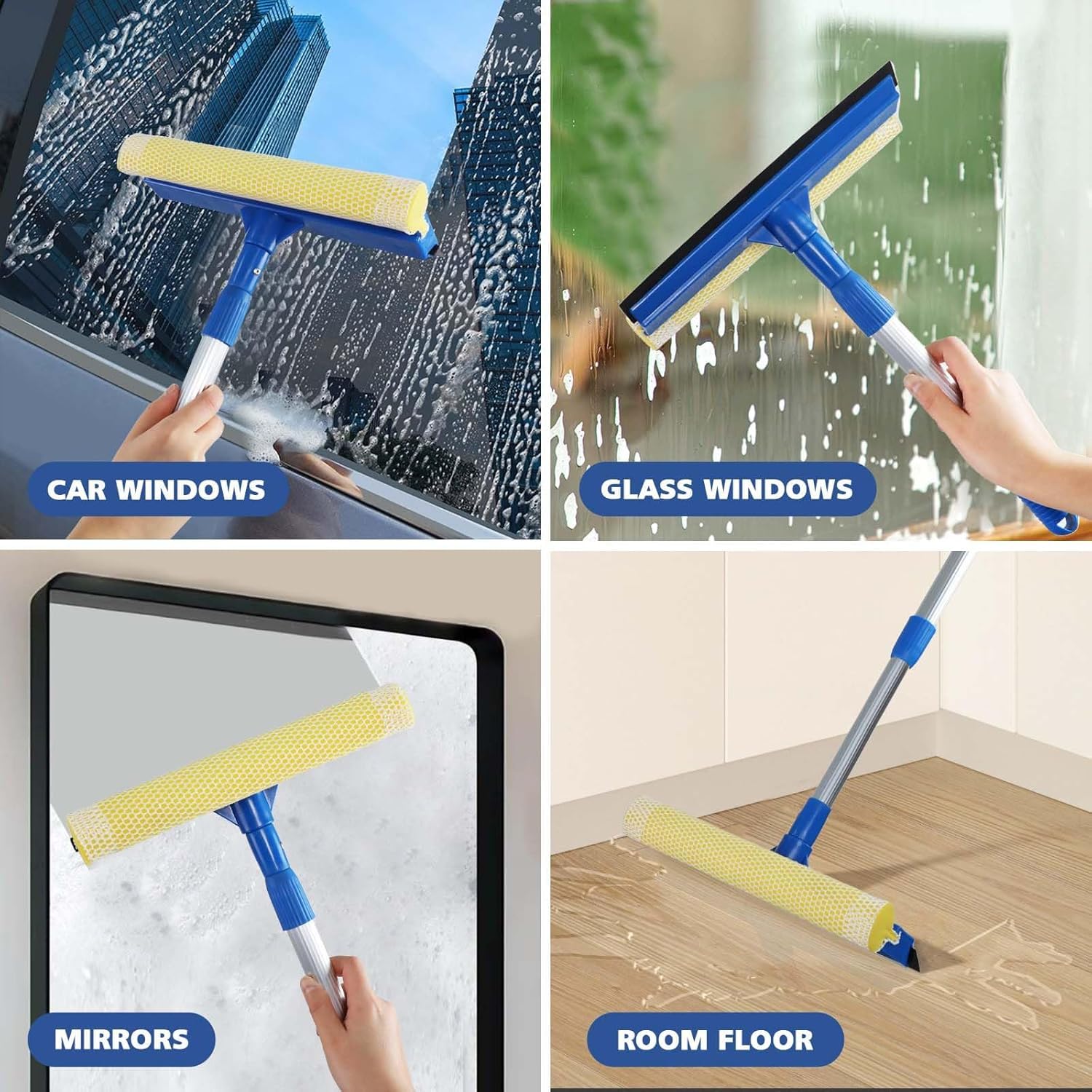Professional 2-in-1 Window Squeegee with Telescopic Stainless Steel Handle (13.3"-18.9") | Sponge & Scraper for Glass, Shower, Car & High Surfaces